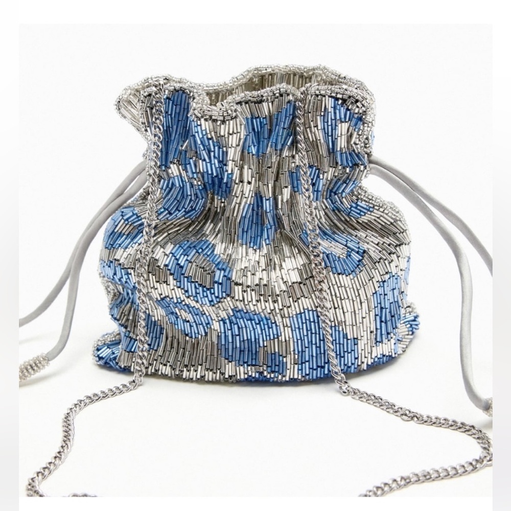 Zara Limited Edition Silver and Blue Beaded Bucket Bag